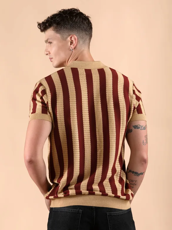 Maroon Striped Flat Knit Shirt
